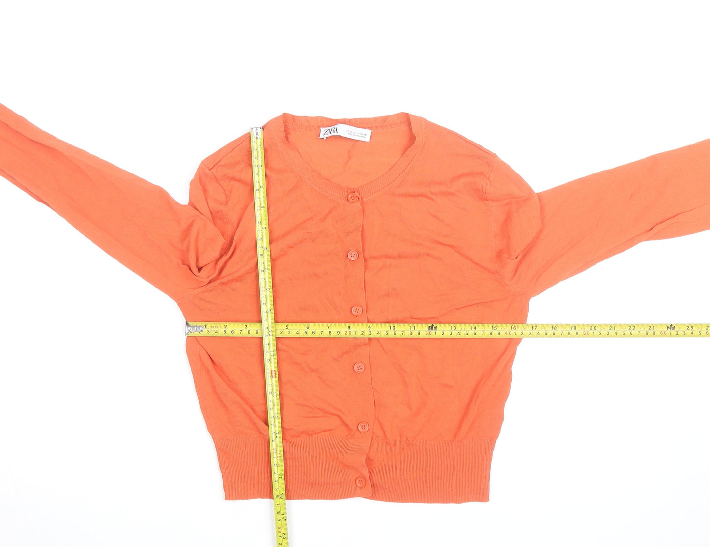 ZARA Women Orange Crew Neck Button Cardigan Size S