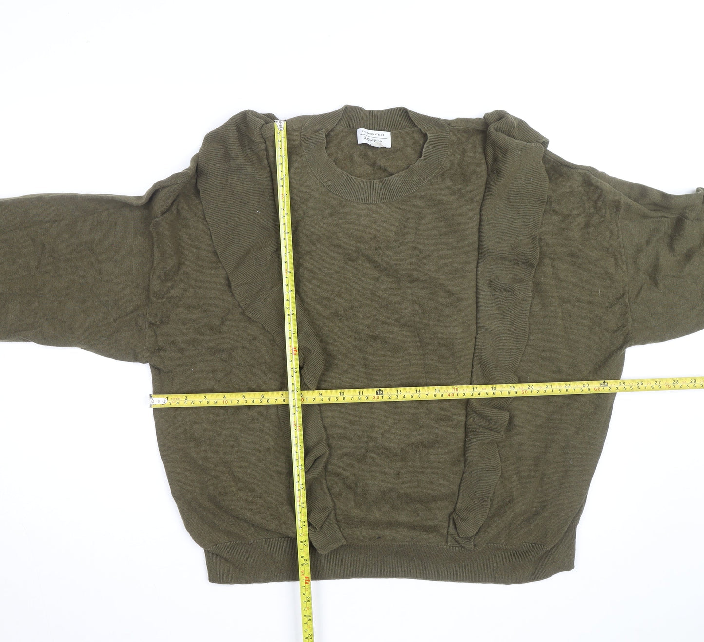 & Other Stories Women Green Ruffle Cotton Long Sleeve Jumper L