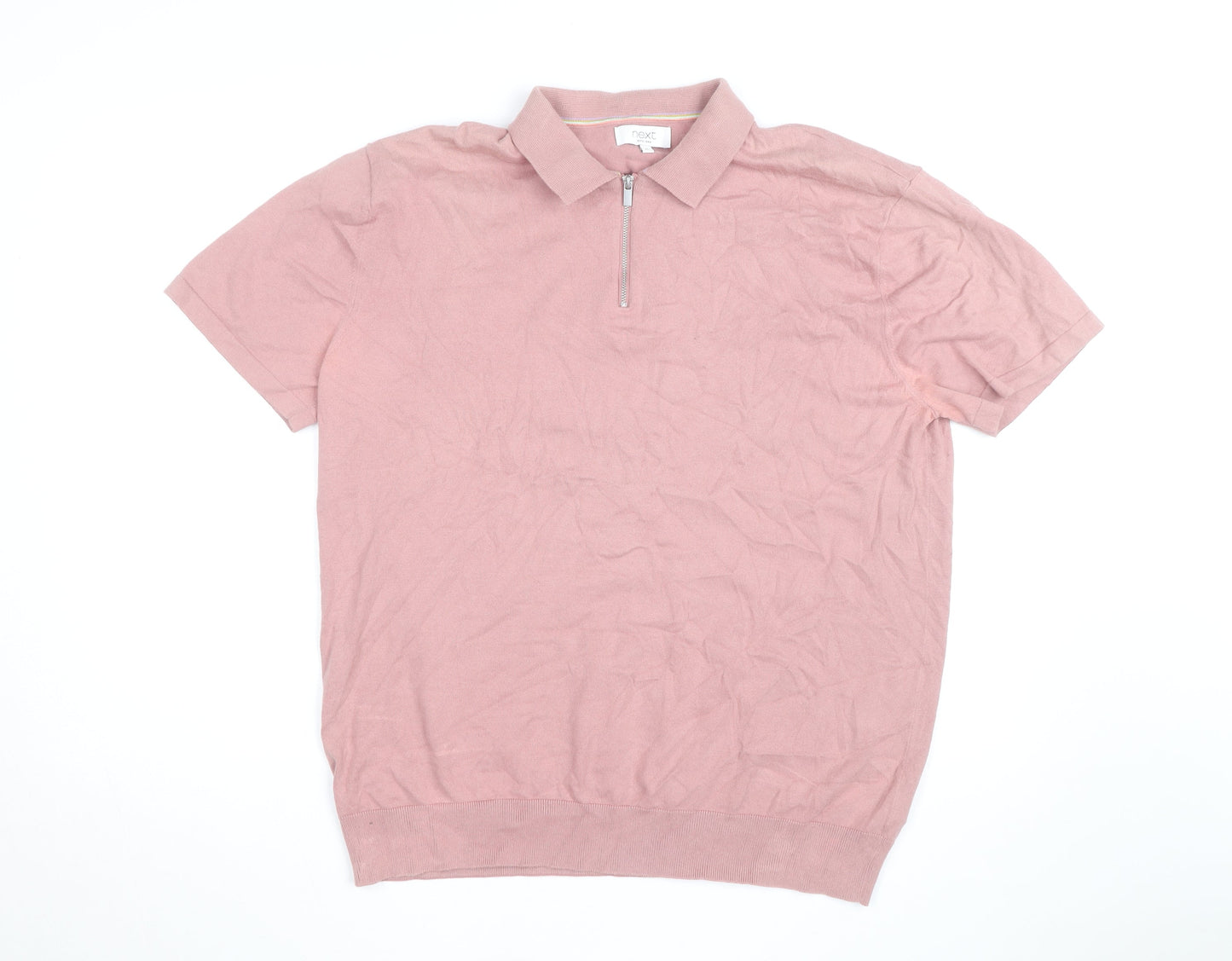 Next Men's Pink Cotton 1/4 Zip Polo Shirt XL Classic Fit