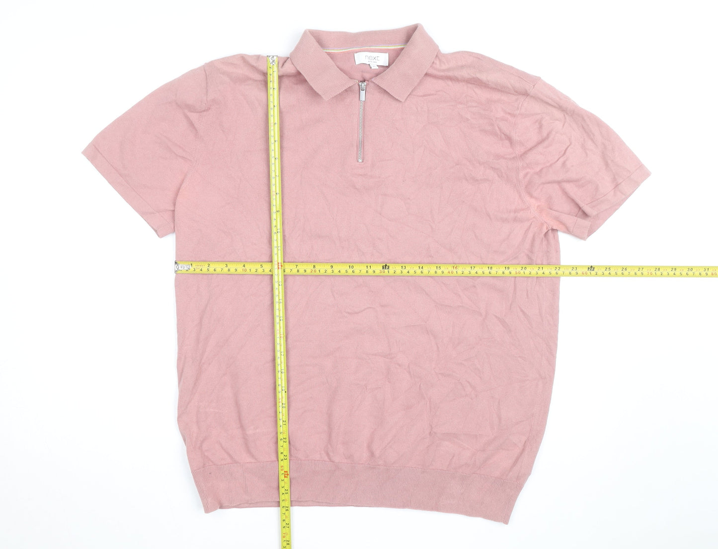 Next Men's Pink Cotton 1/4 Zip Polo Shirt XL Classic Fit
