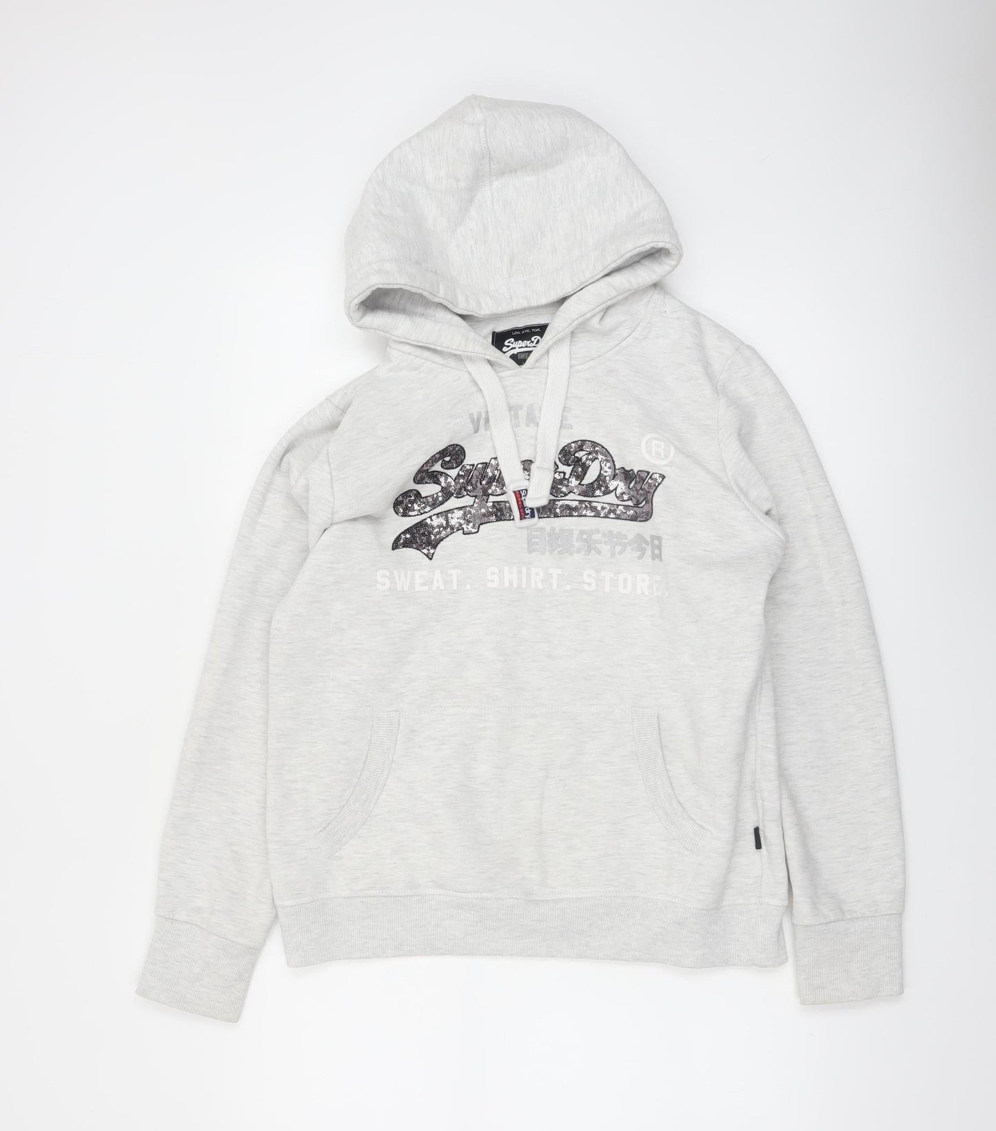 Superdry Womens Grey Logo Hoodie UK 14 Pullover Casual Sweatshirt