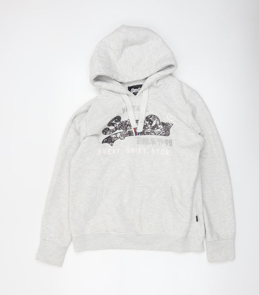 Superdry Womens Grey Logo Hoodie UK 14 Pullover Casual Sweatshirt