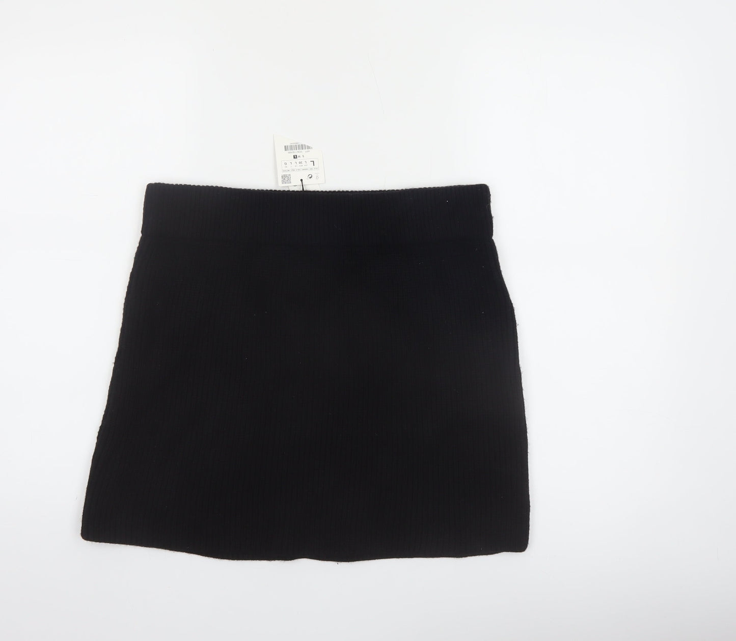 Zara Women Black Knit Mini Skirt Size 14 High Rise Short Viscose Blend