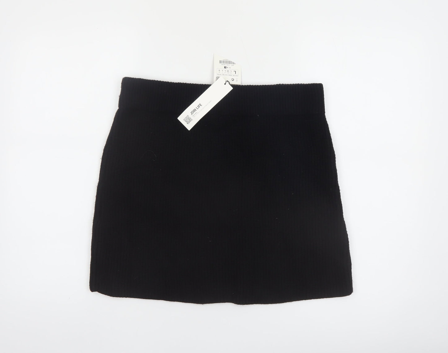 Zara Women Black Knit Mini Skirt Size 14 High Rise Short Viscose Blend