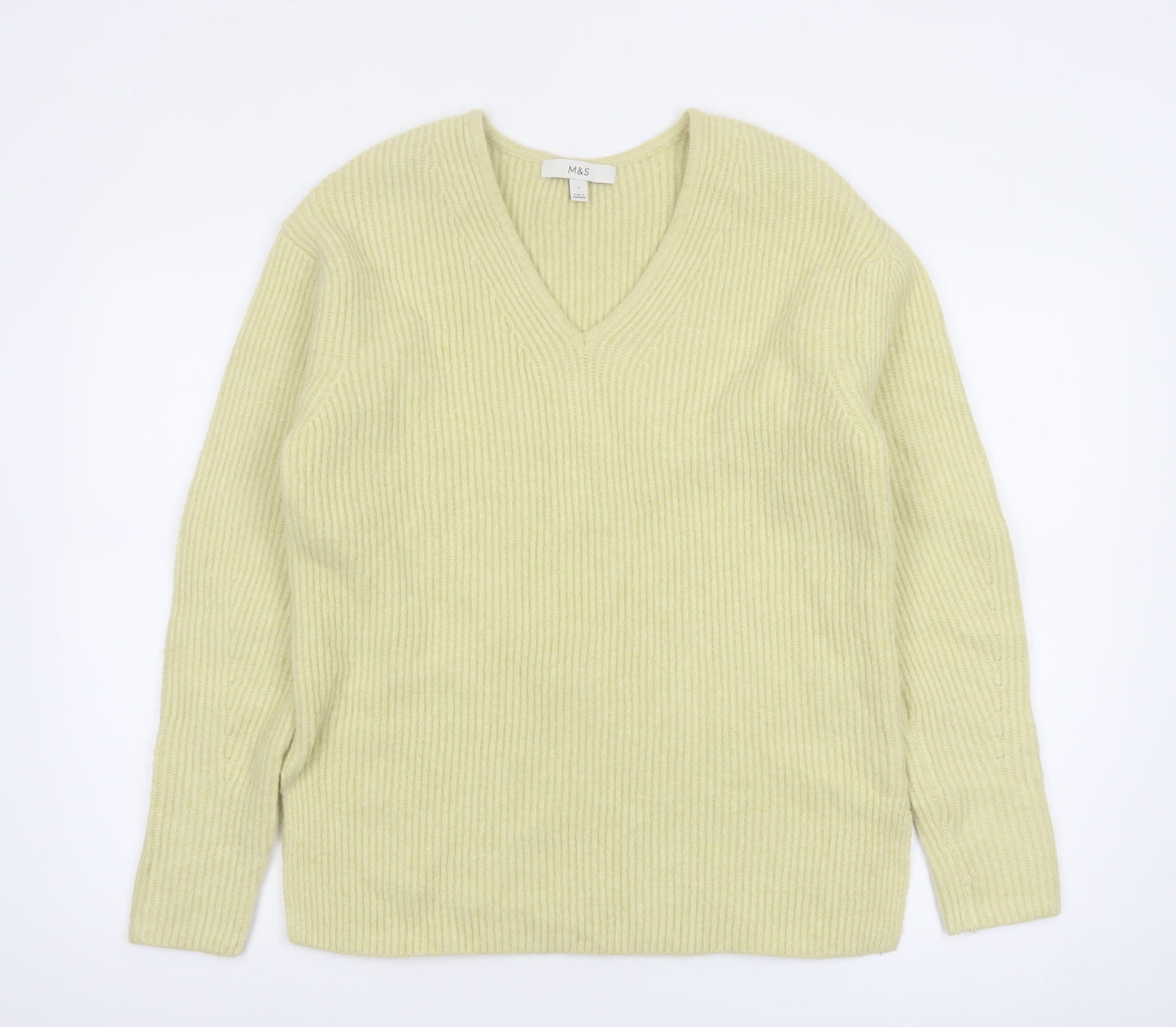 Marks and Spencer Women’s Yellow V-Neck Ribbed Knit Jumper Size S