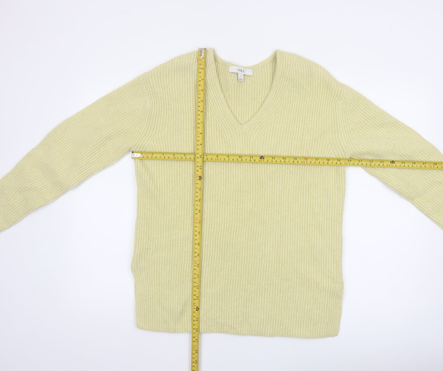 Marks and Spencer Women’s Yellow V-Neck Ribbed Knit Jumper Size S
