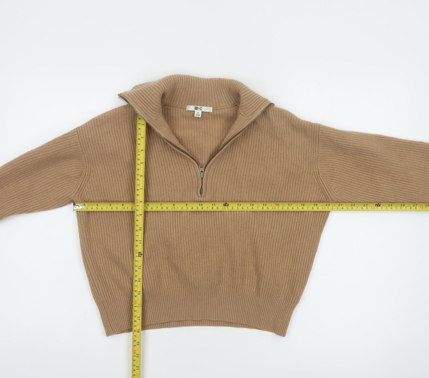 Uniqlo Women Beige 100% Wool Half Zip Jumper XS Classic Knit