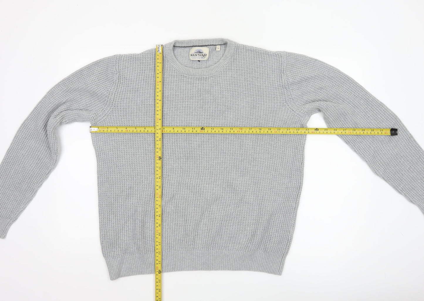 Mantaray Men's Grey Cotton Waffle-Knit Crew Neck Jumper M