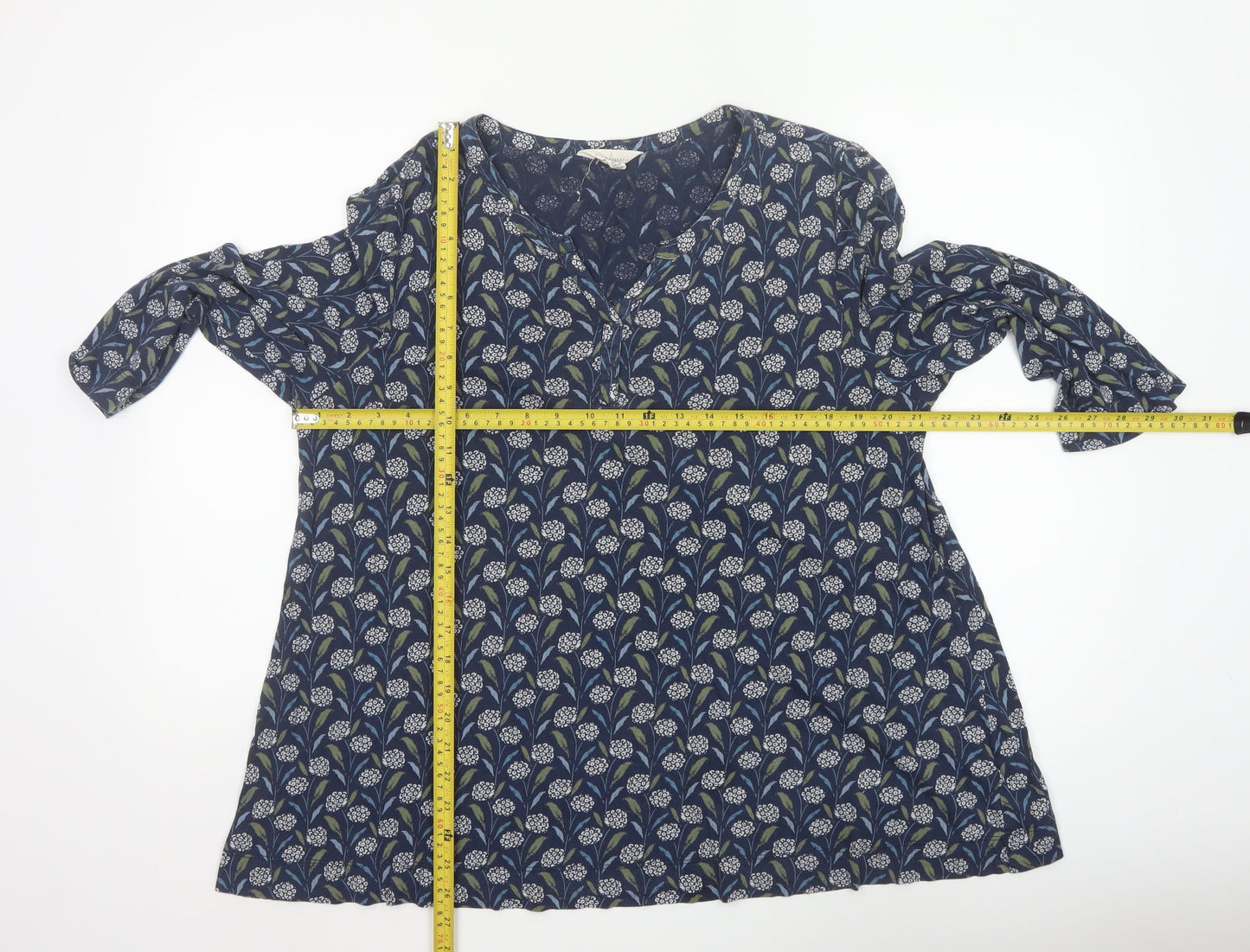 Seasalt Cornwall Women’s Blue Floral 3/4 Sleeve Cotton Tunic Blouse Size 16