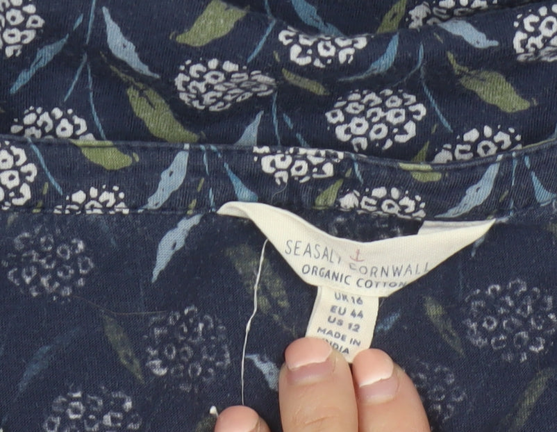 Seasalt Cornwall Women’s Blue Floral 3/4 Sleeve Cotton Tunic Blouse Size 16