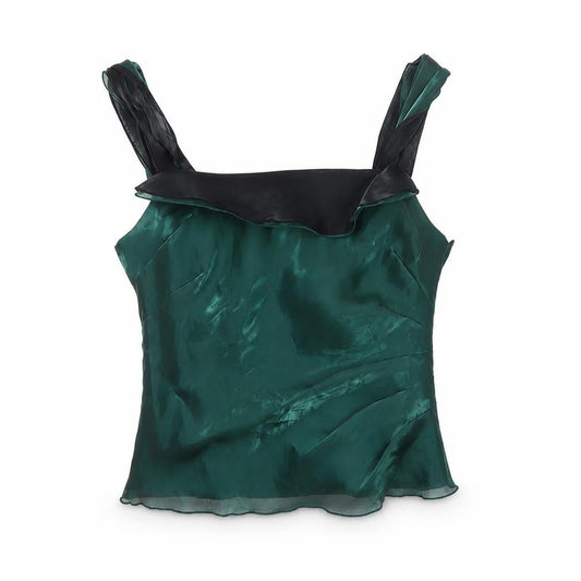 Front view of Alex & Co. Women's Green Satin Ruffle Camisole Top UK 10