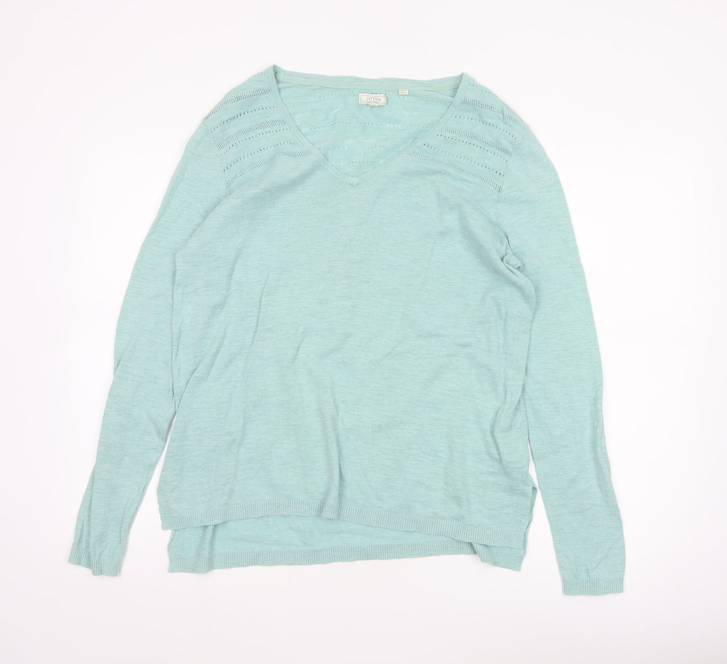 Fat Face Women’s Green V-Neck Cotton Knit Jumper Size 14