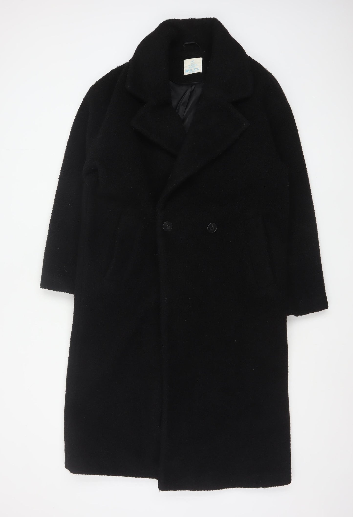 Primark Women’s Black Long Overcoat Size 10 Classic Buttoned Polyester