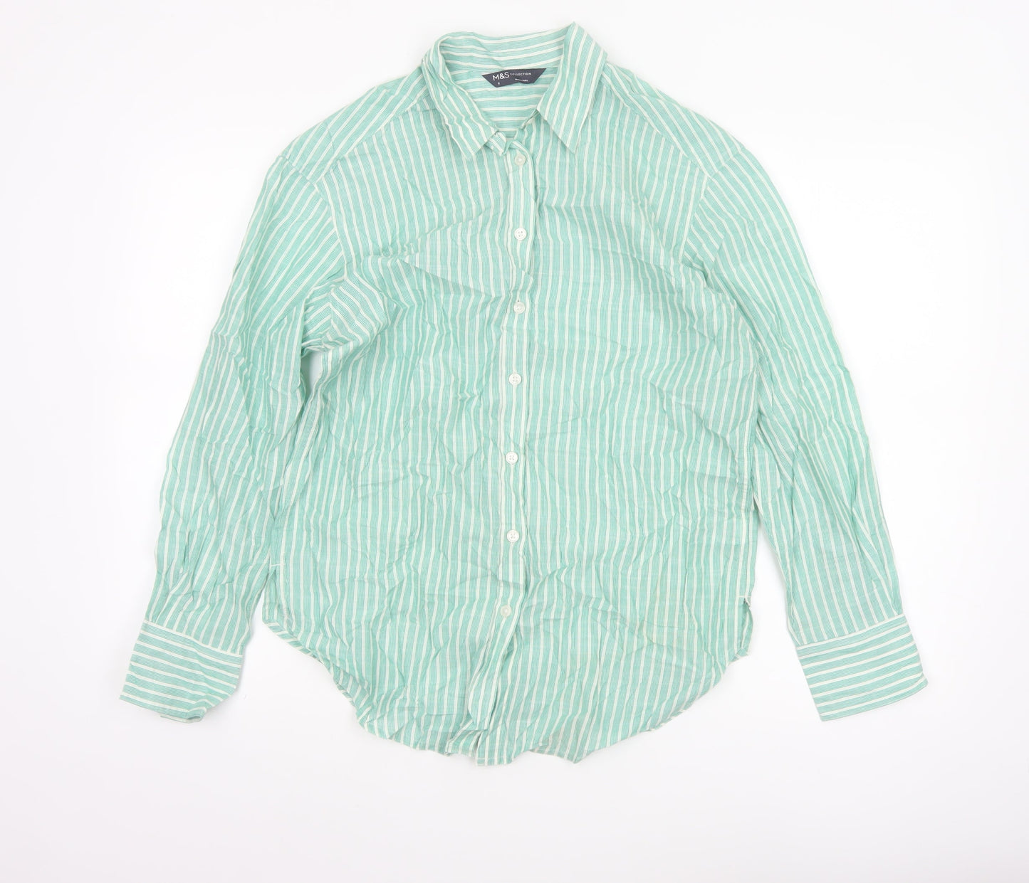 Marks and Spencer Women’s Green Striped Cotton Long Sleeve Button-Up Shirt Size 8