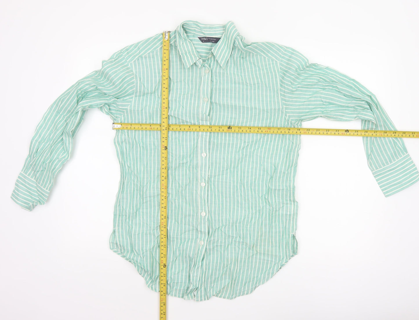 Marks and Spencer Women’s Green Striped Cotton Long Sleeve Button-Up Shirt Size 8