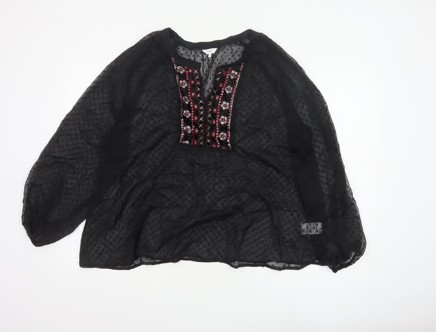 Cotton Traders Women’s Black Embroidered Bohemian Chiffon Blouse Size 20