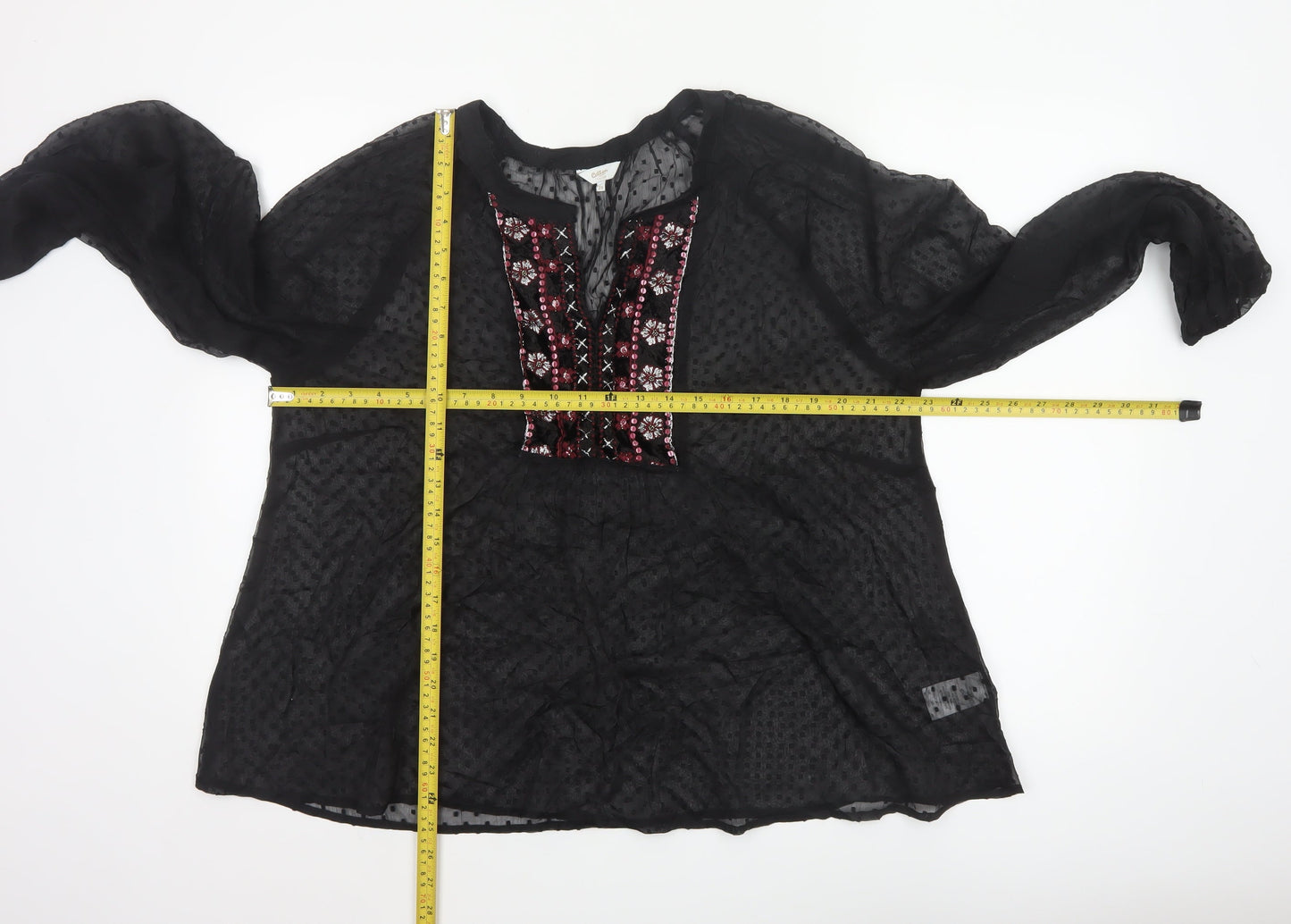 Cotton Traders Women’s Black Embroidered Bohemian Chiffon Blouse Size 20