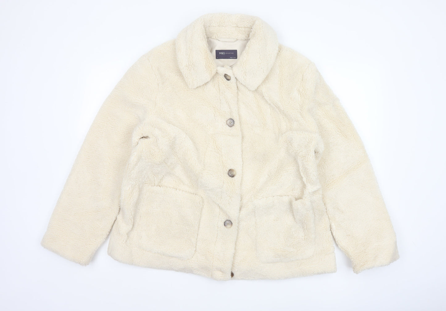 Marks and Spencer Women Beige Faux Fur Button Jacket Size 14