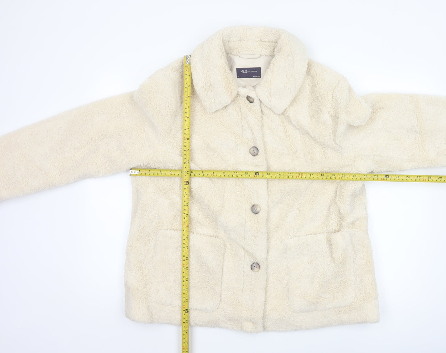 Marks and Spencer Women Beige Faux Fur Button Jacket Size 14