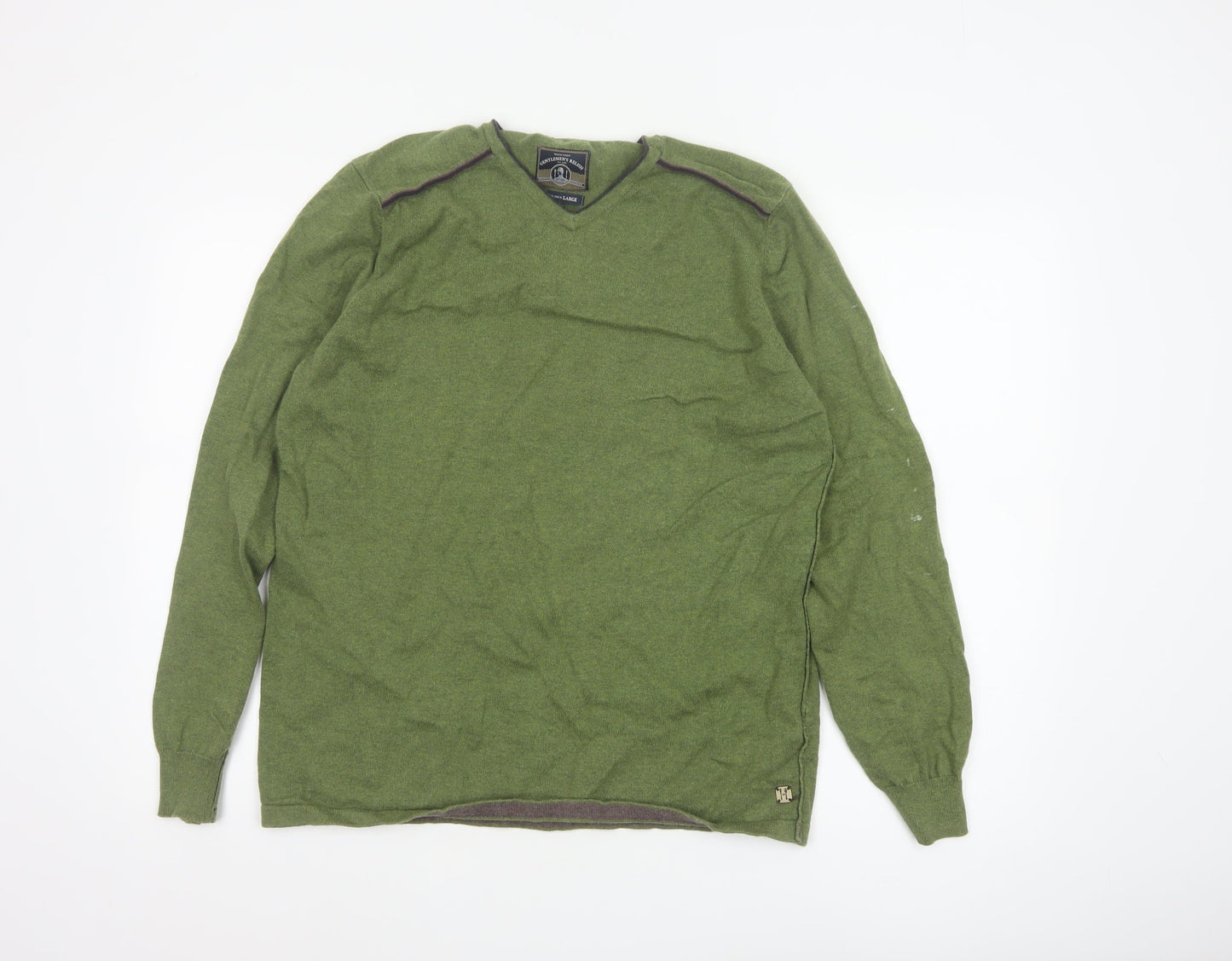 White Stuff Men's Green Cotton Cashmere V-Neck Jumper Size L