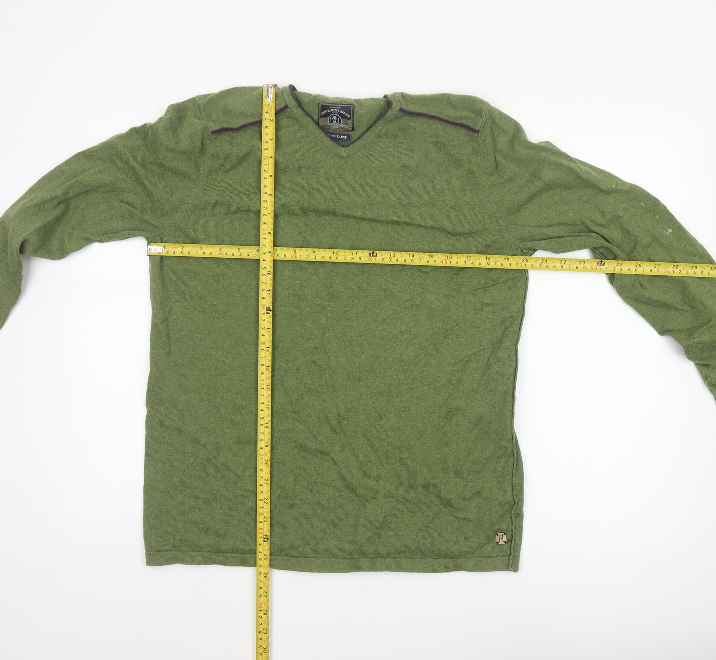 White Stuff Men's Green Cotton Cashmere V-Neck Jumper Size L
