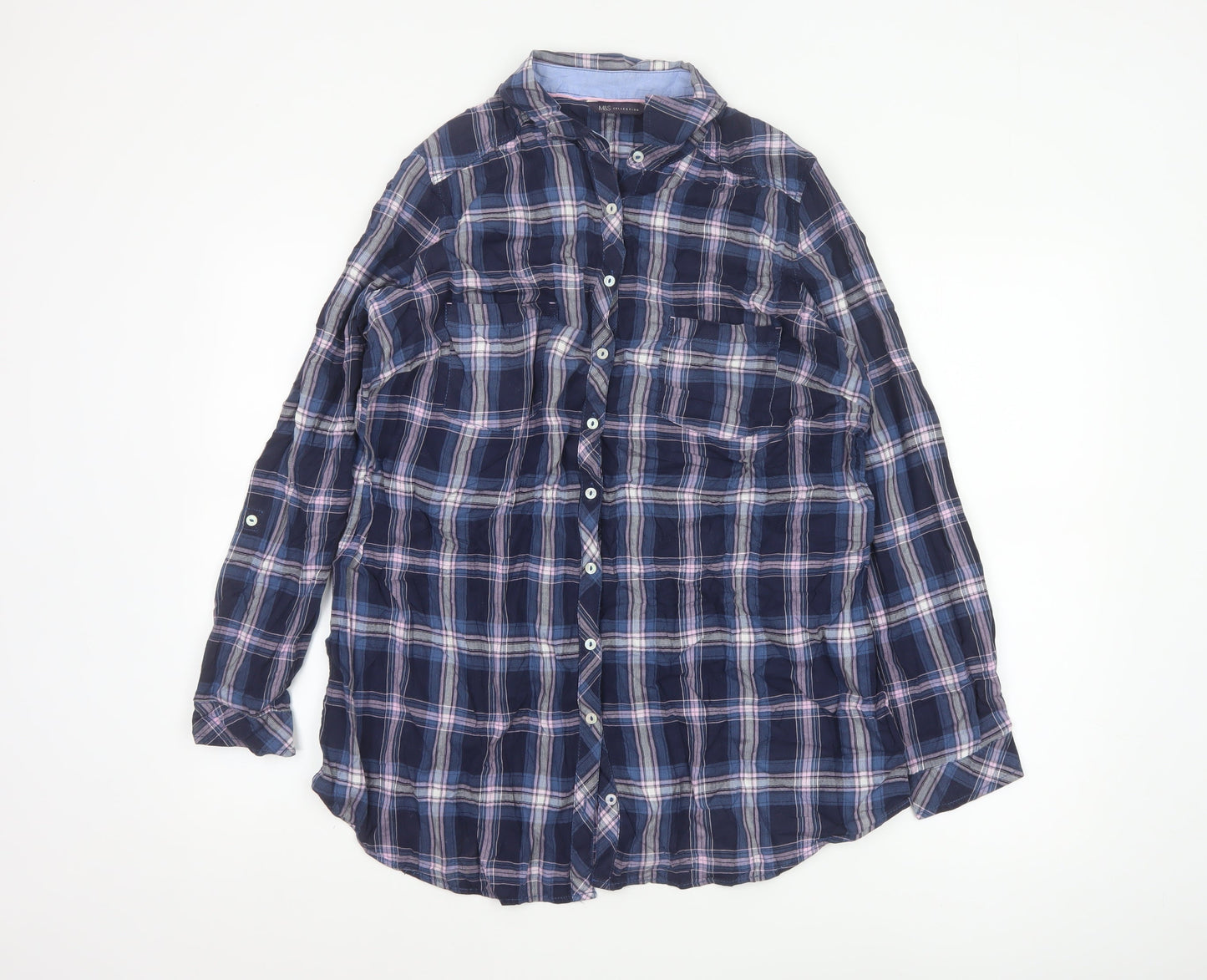 Marks and Spencer Womens Blue Check Cotton Long Sleeve Button-Up Shirt UK 16