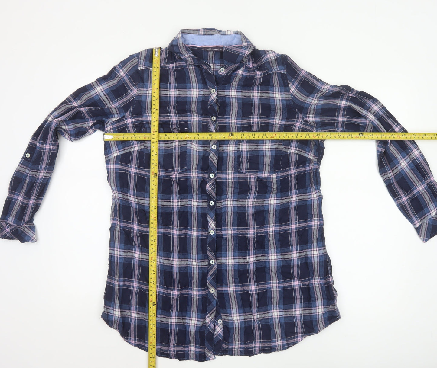 Marks and Spencer Womens Blue Check Cotton Long Sleeve Button-Up Shirt UK 16