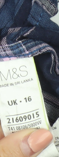 Marks and Spencer Womens Blue Check Cotton Long Sleeve Button-Up Shirt UK 16