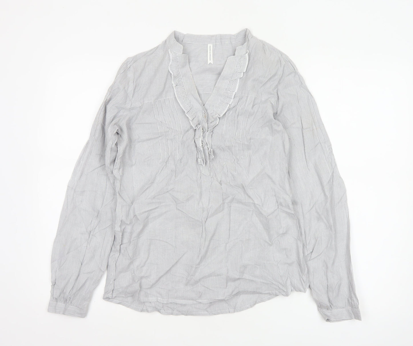Marks & Spencer Women Grey Striped Ruffle Cotton Tunic Blouse UK 8