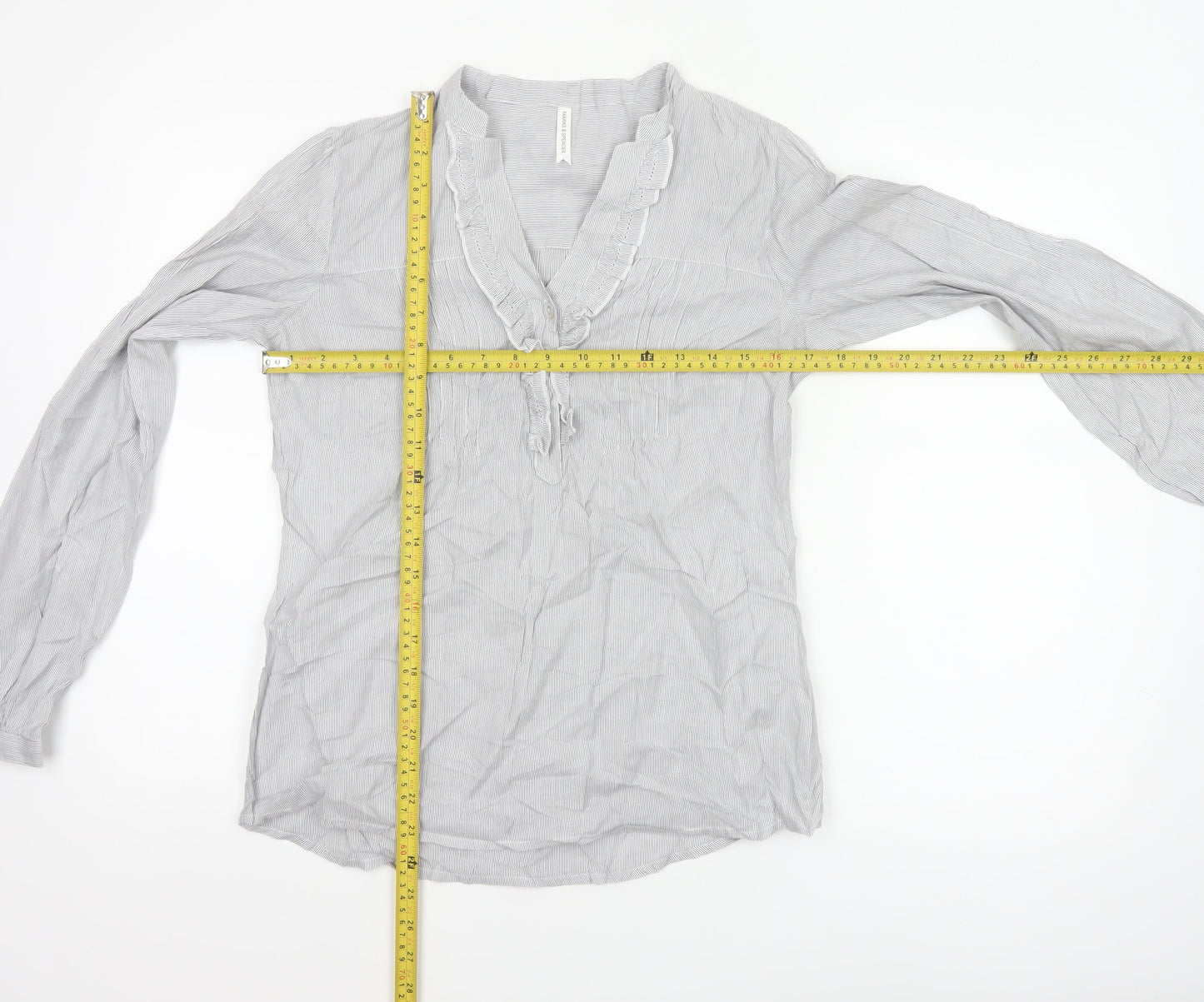 Marks & Spencer Women Grey Striped Ruffle Cotton Tunic Blouse UK 8