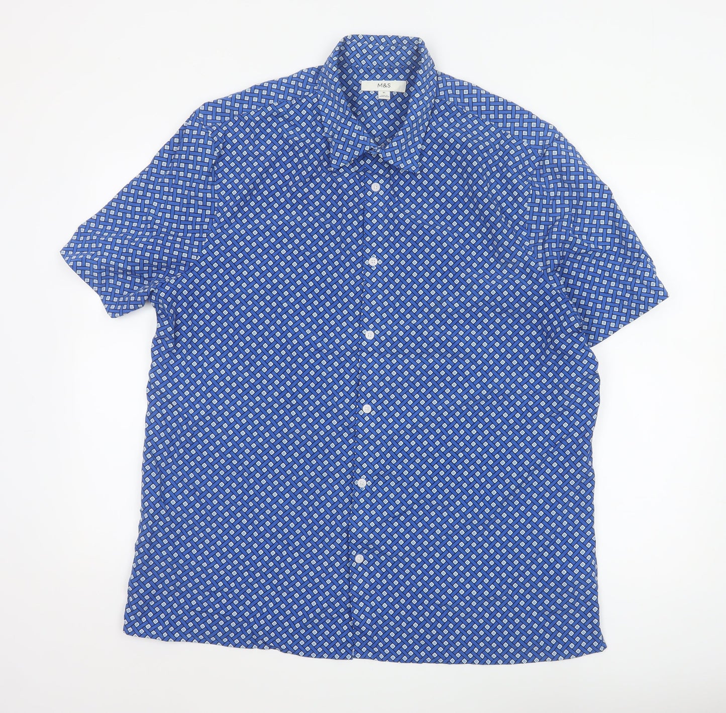 Marks and Spencer Men's Blue Geometric Short Sleeve Button-Up Shirt XL