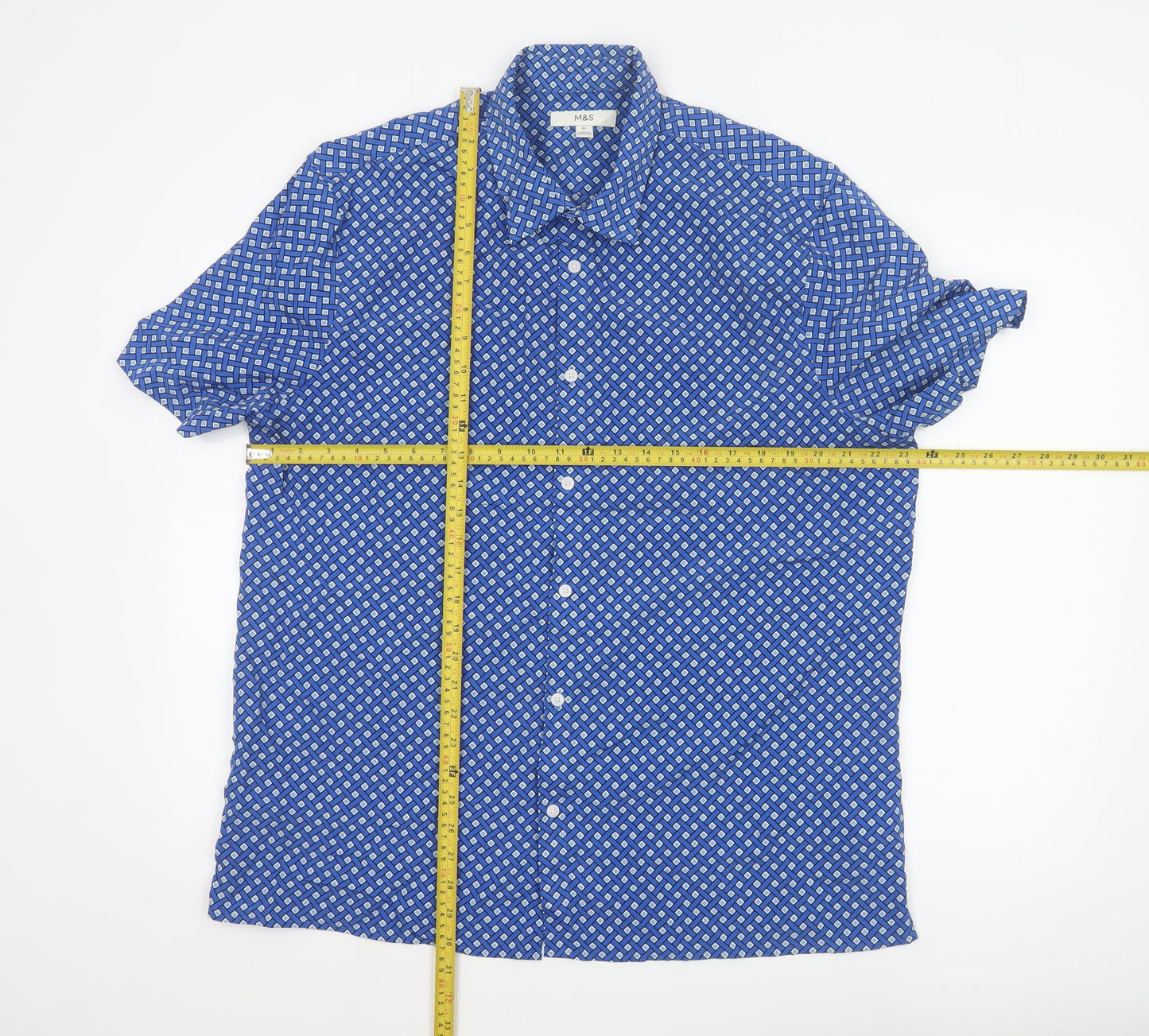 Marks and Spencer Men's Blue Geometric Short Sleeve Button-Up Shirt XL