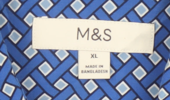 Marks and Spencer Men's Blue Geometric Short Sleeve Button-Up Shirt XL