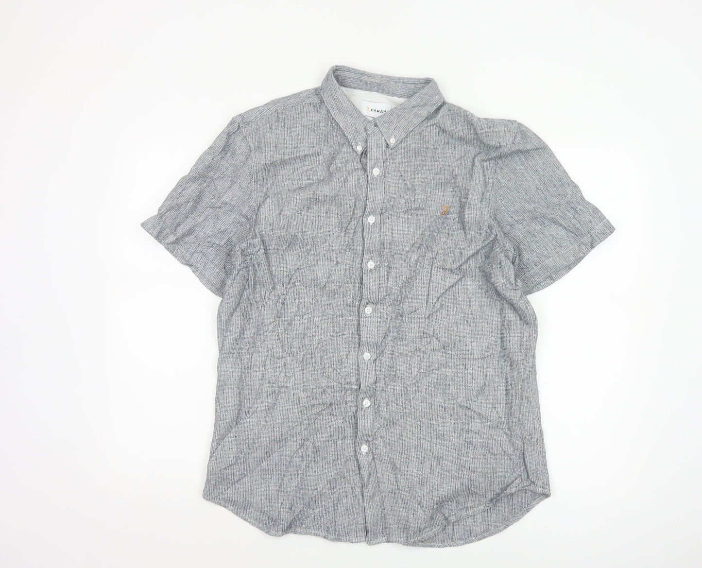 Farah Men's Grey Slim Fit Short Sleeve Button-Up Shirt XL