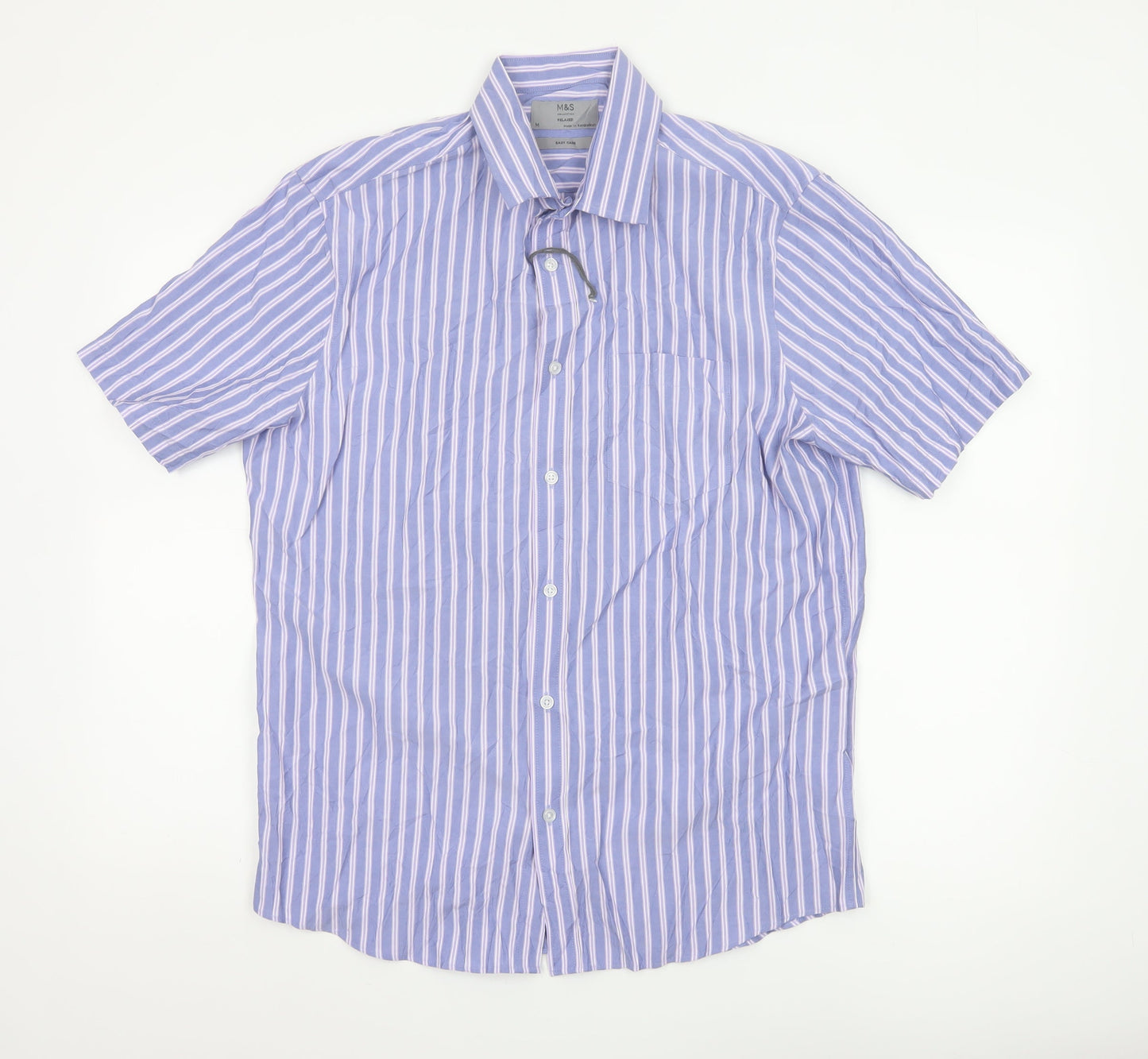 Marks and Spencer Men's Blue Striped Relaxed Fit Short Sleeve Button-Up Shirt Size M