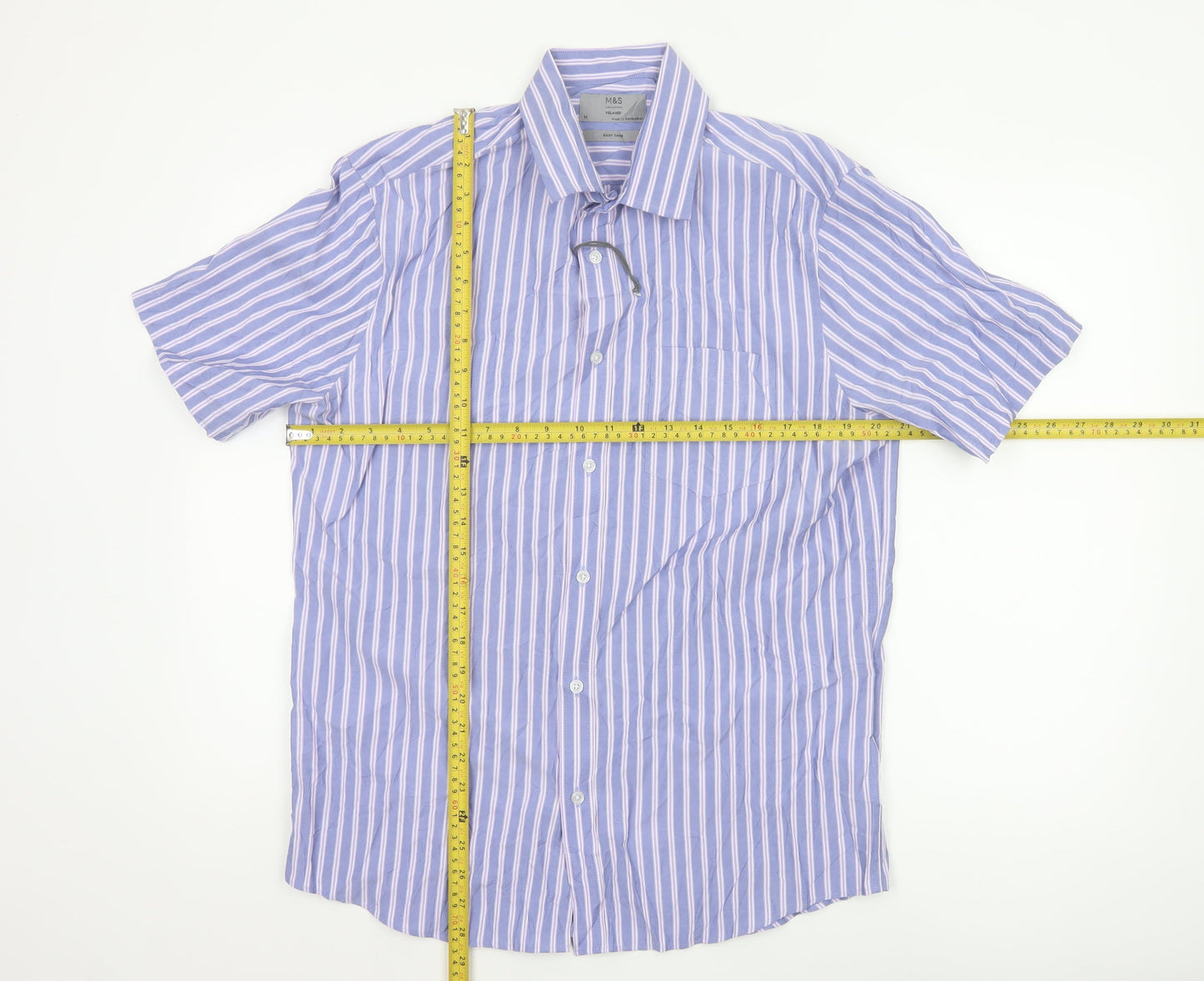 Marks and Spencer Men's Blue Striped Relaxed Fit Short Sleeve Button-Up Shirt Size M