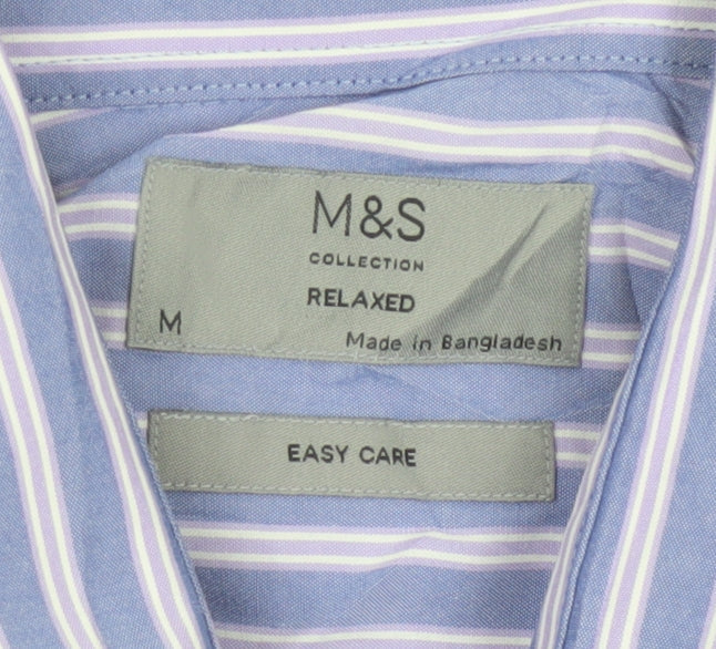 Marks and Spencer Men's Blue Striped Relaxed Fit Short Sleeve Button-Up Shirt Size M