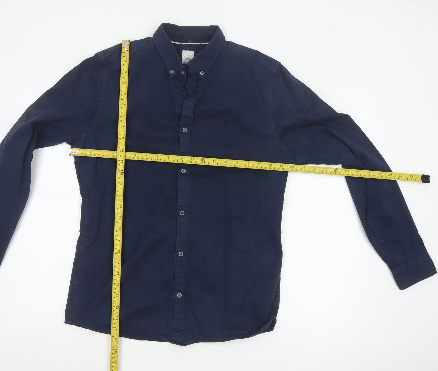 River Island Men's Blue Slim Fit Button-Down Cotton Shirt M