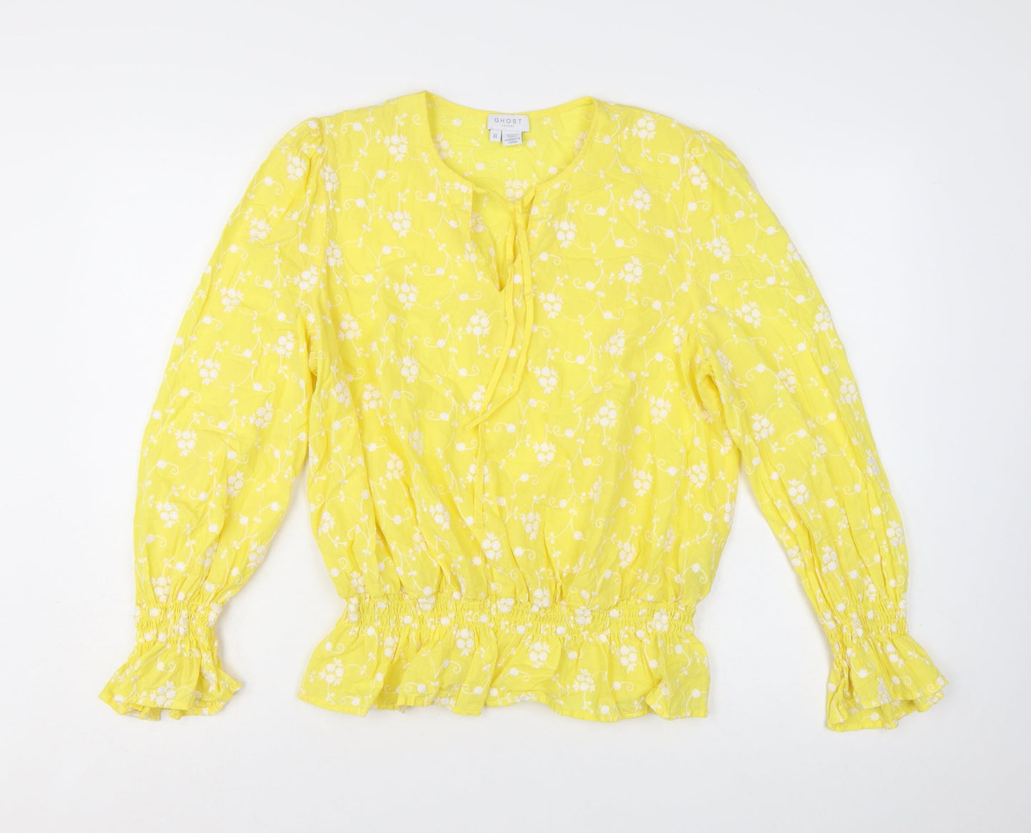 Ghost Women’s Yellow Floral Embroidered Cotton Tunic Blouse XL