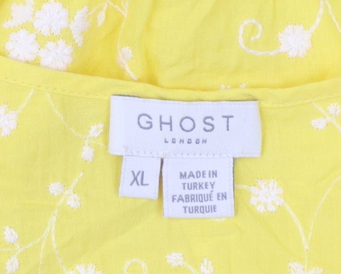 Ghost Women’s Yellow Floral Embroidered Cotton Tunic Blouse XL