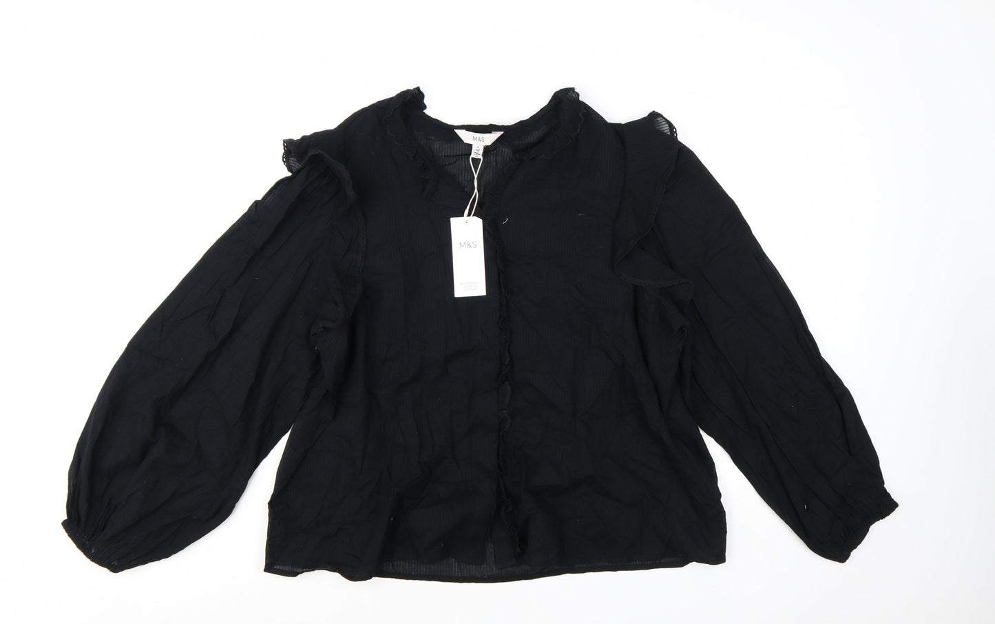 Marks and Spencer Women Black Long Sleeve Ruffle Cotton Blouse Size 16