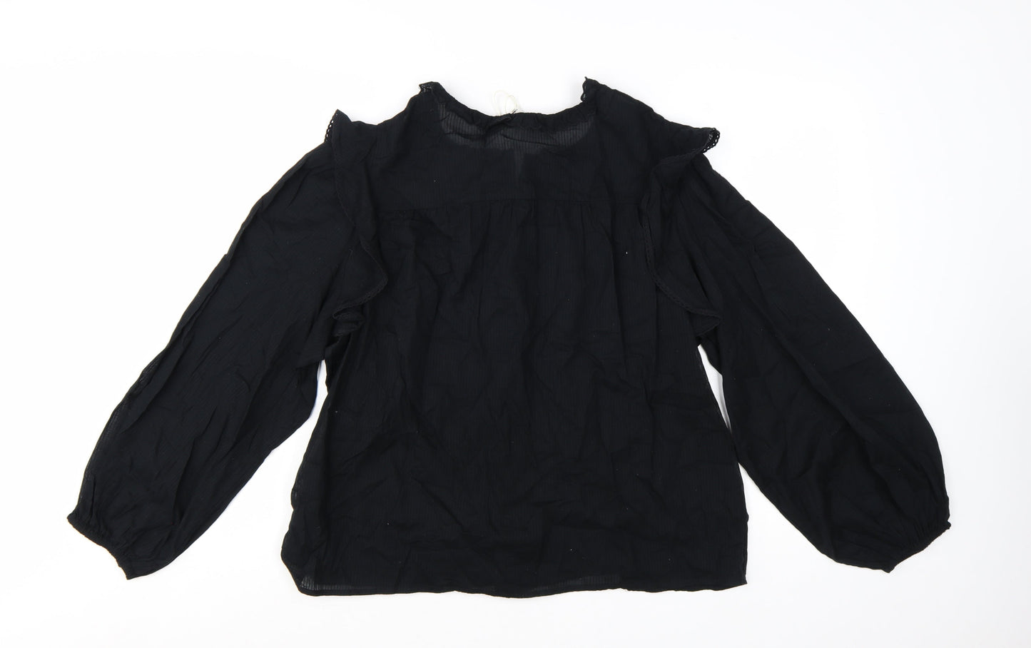Marks and Spencer Women Black Long Sleeve Ruffle Cotton Blouse Size 16