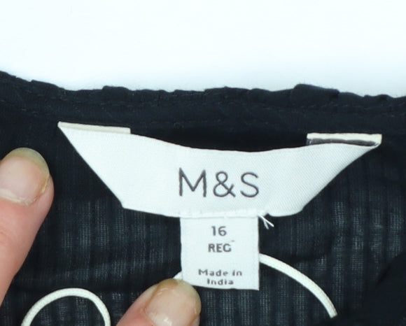 Marks and Spencer Women Black Long Sleeve Ruffle Cotton Blouse Size 16