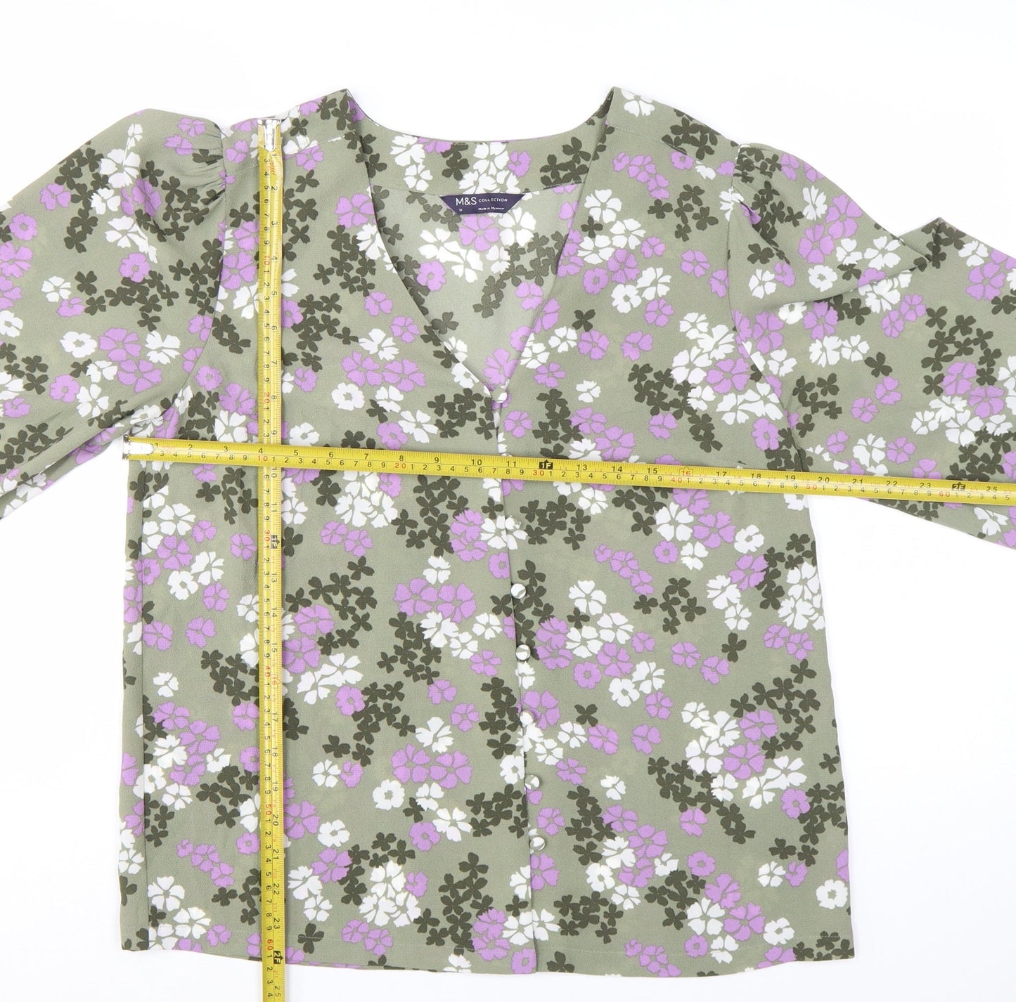 Marks and Spencer Women's Green Floral V-Neck 3/4 Sleeve Tunic Blouse Size 12