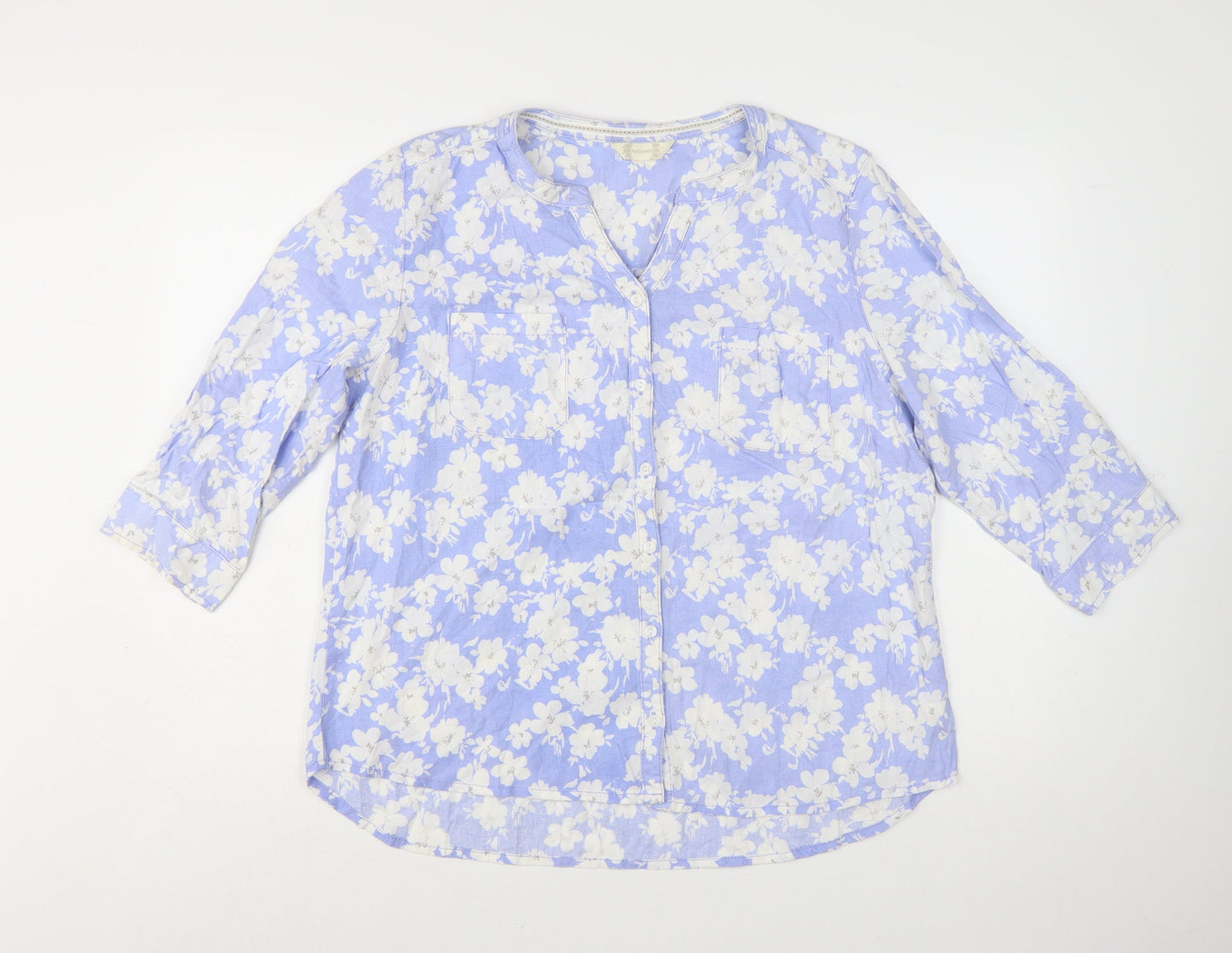 BHS Women Blue Floral Cotton Tunic Blouse Size 16 3/4 Sleeve