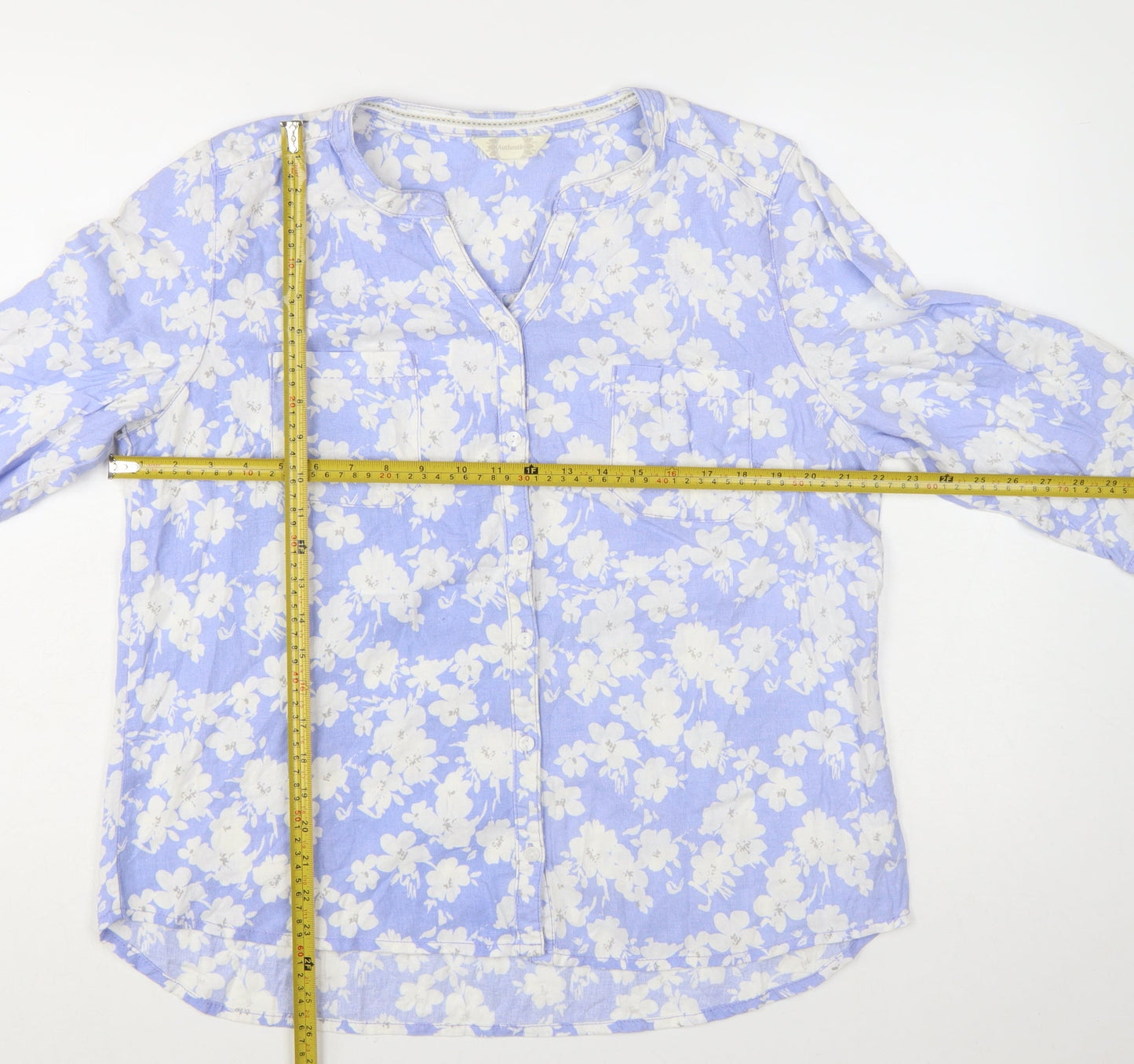 BHS Women Blue Floral Cotton Tunic Blouse Size 16 3/4 Sleeve