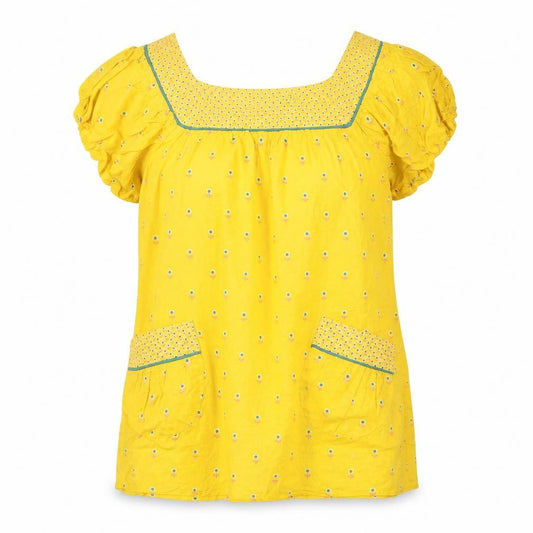 Front view of Denim Co women’s yellow floral tunic blouse, size UK 8, short sleeve