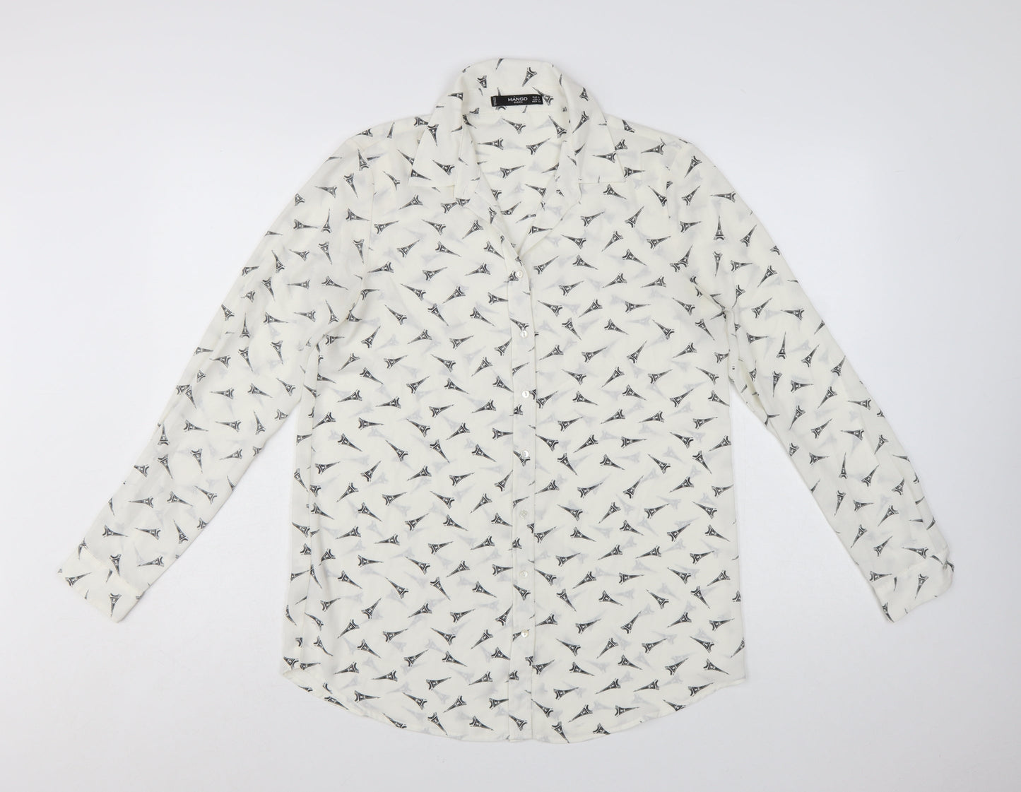 Mango Women White Eiffel Print Button-Up Long Sleeve Shirt Size 8