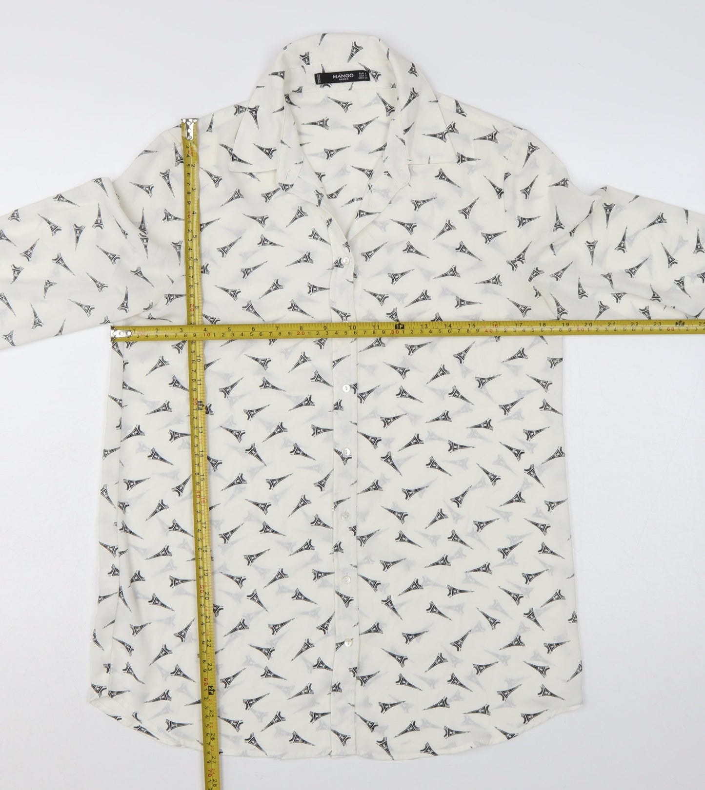 Mango Women White Eiffel Print Button-Up Long Sleeve Shirt Size 8