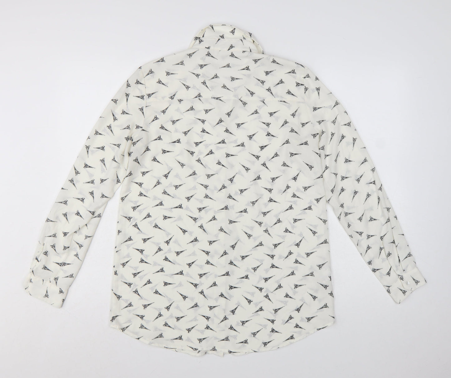 Mango Women White Eiffel Print Button-Up Long Sleeve Shirt Size 8